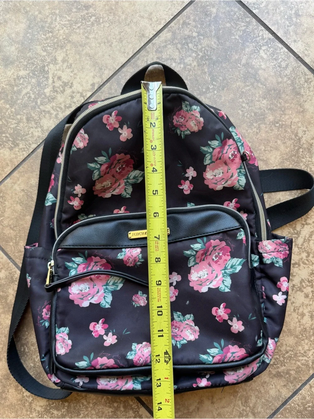 Vintage Y2K Juicy Couture Black Floral Backpack - Pink Rose Print